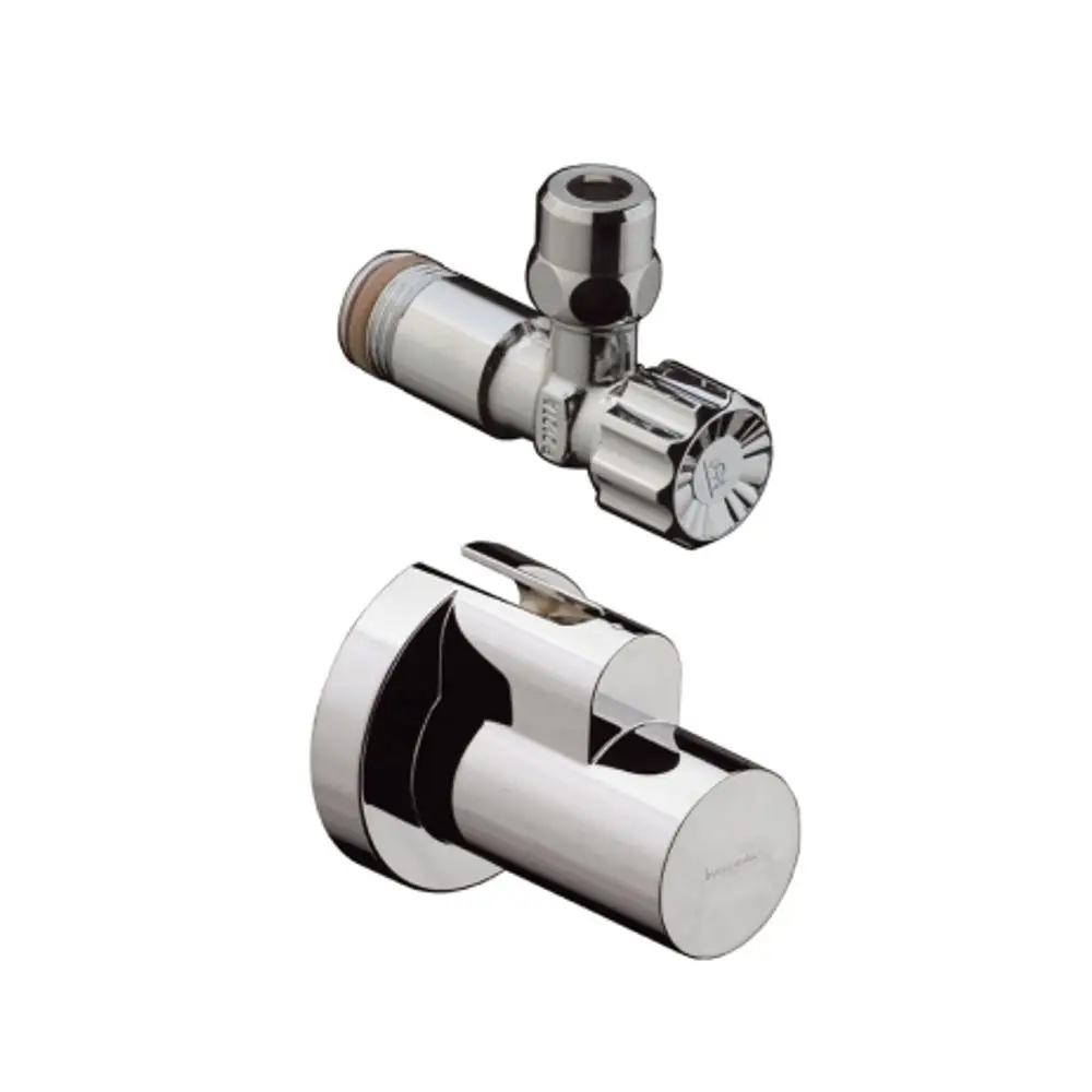 Eckventil aus verchromtem Material von Hansgrohe mit einem Schuber und Abgang, zur Verwendung in Sanitärinstallationen.